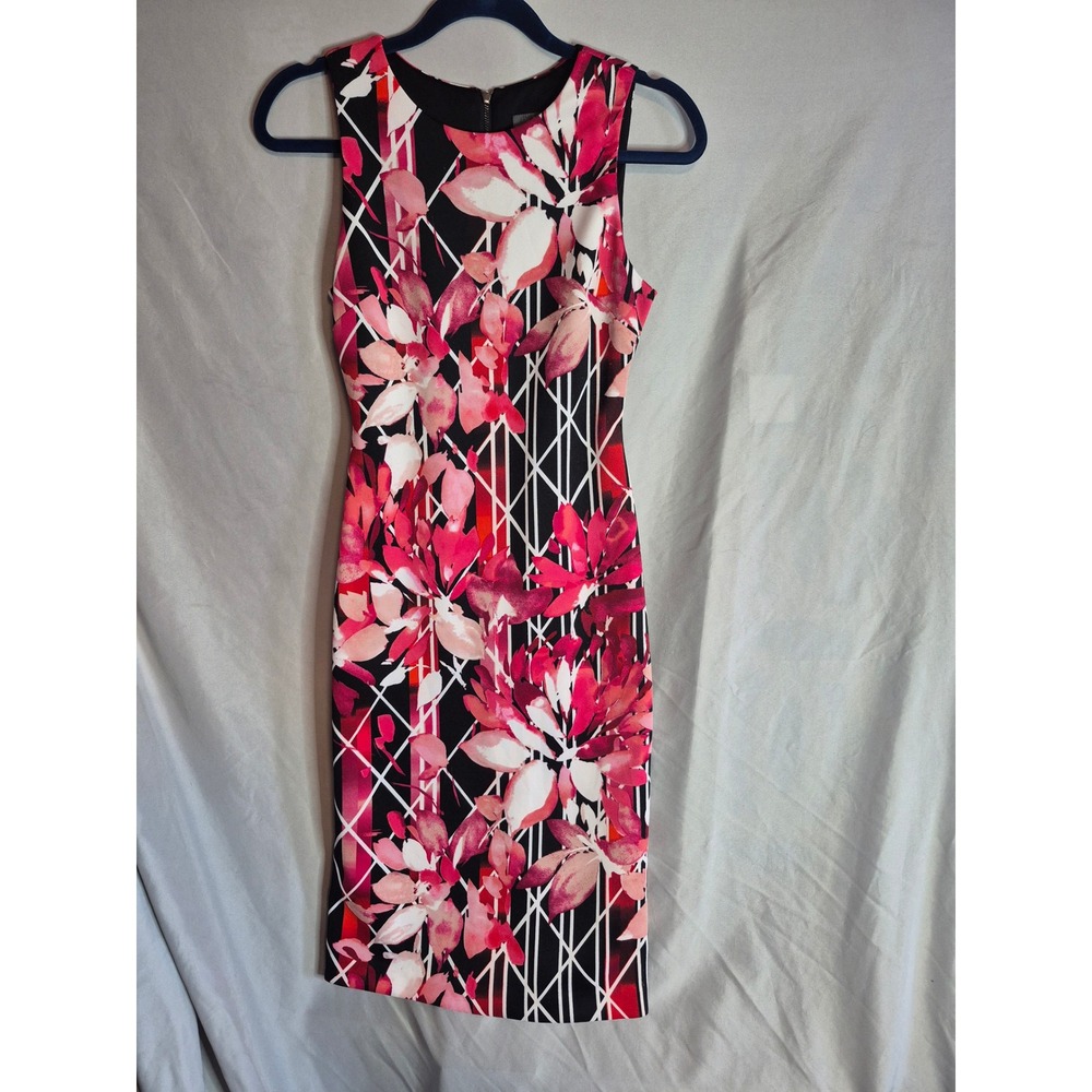 Vince Camuto Women's Sleeveless Floral Sheath Dress Pink Black‎ White